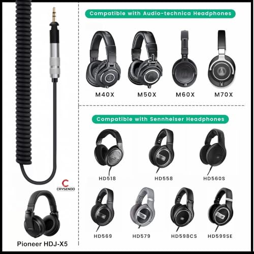 Image of Crysendo 1.7m Coiled Audio Cable for Au-dio Tech-nica, Se-nhe-iser, Pioneer HDJ-X5 Cable Headphones | 12mm TRS Suitable for Audio Player | Replacement PVC & Copper Wire | Pack of 1 (Black)