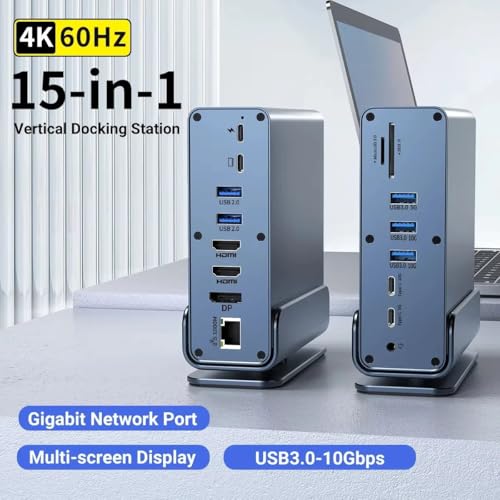 15-in-1 Docking Station, Triple Display 4K@60Hz, 100W PD Charging, USB-C Hub, Dual HDMI, DP Port, Gigabit Ethernet, Aluminium - Image 2