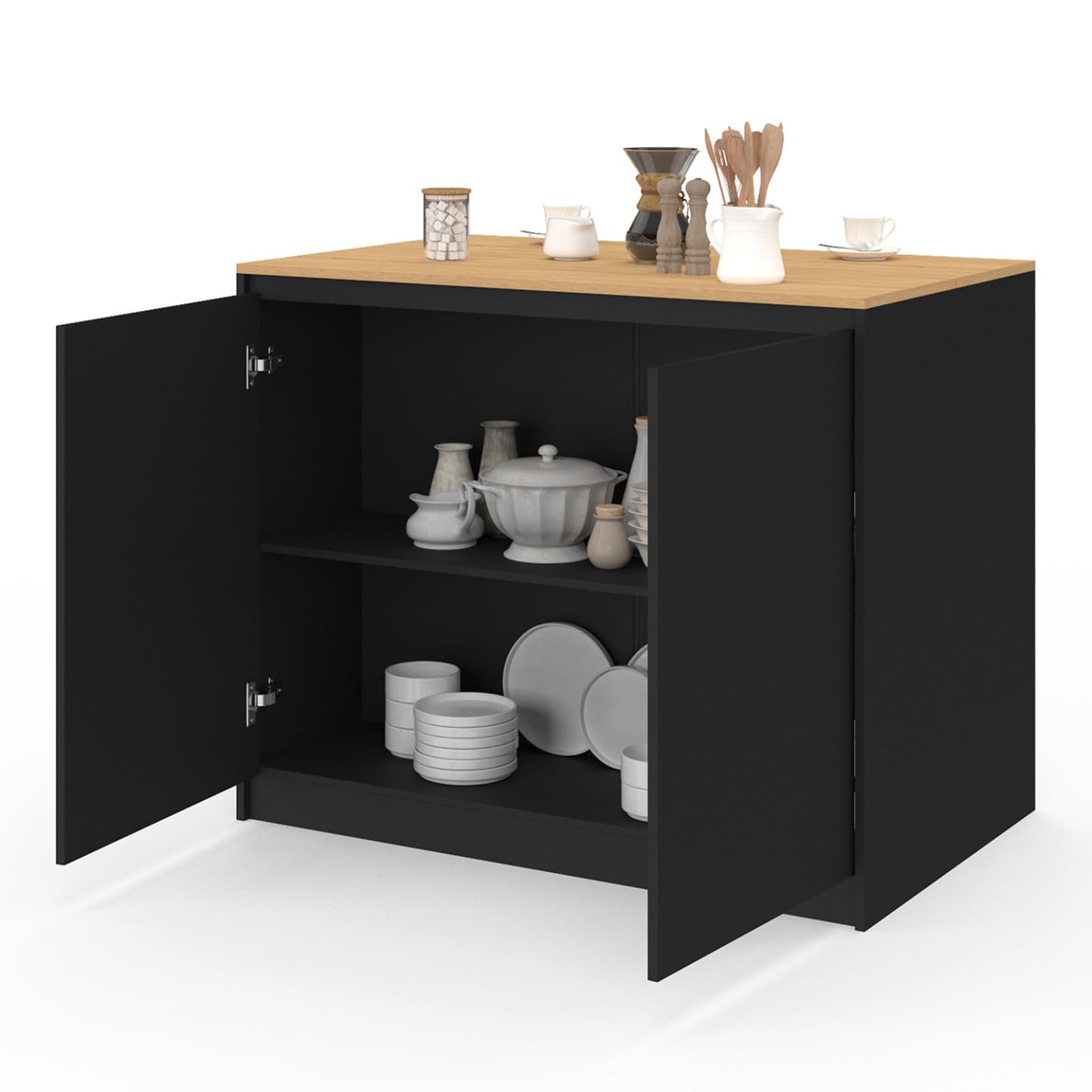 IDMarket - Ilot Central Cesar 110 cm avec Tablette relevable rectangulaire Bois Noir et façon hêtre