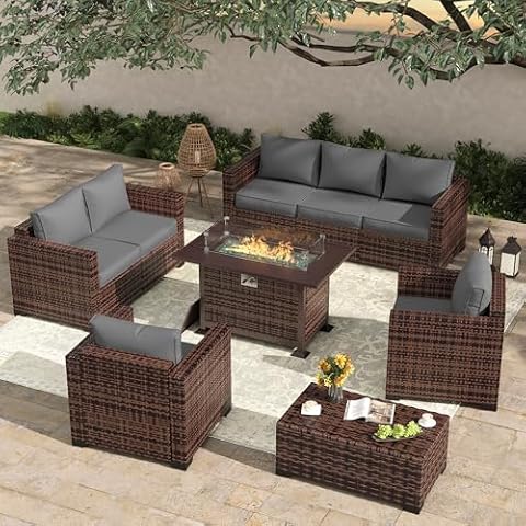 Amopatio Patio Furniture Set with Fire Pit Table, 8 Pieces Outdoor Oversized Sectional Sofa Wicker Patio Armrest Couch, 44" Fire Pit Conversation Sets with Storage Table, Waterproof Covers (Grey) Cover