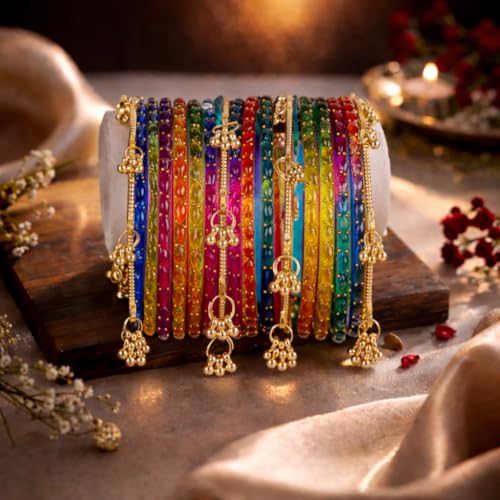 Image of Shining Diva Fashion 16 Pcs Trendy Stylish Glass & Kashmiri Ghungroo Bangles Set for Women & Girls | Traditional Festive Wedding Party Jewellery