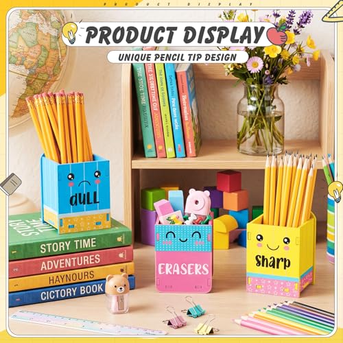 Image of DoubleFill 6 Pcs Sharp Dull Pencil Holder,Yellow Blue Face | Wooden Pencil Shaped Dispenser, Eraser Storage Organizer, For Classroom Management and Teacher Back to School Supplies