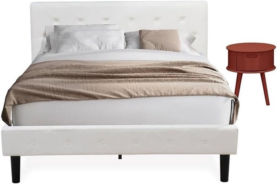East West Furniture NL19Q-1GO13 2 Piece Bed Set - Button Tufted Queen Size Bed frame - Linen white Velvet Fabric Upholstered Headboard and a Burgundy Finish Nightstand