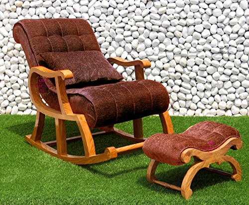 Image of CRAFTCITY Rocking Chair |Sheesham Wood Elegant Rocking Chair with Pillow and Matching Foot Stool and Pre assembeled(Dark Tan)