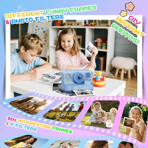 Image of Instant Print Camera for Kids, Christmas Birthday Gifts for Girls Boys Age 3-15, 1080P Selfie Portable Digital Video Camera with 32GB SD Card, 3-Colored Print Paper- Blue