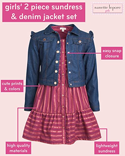 Nanette Lepore Girls' Dress Set - 2 Piece Sundress And Denim Jean Jacket (Size: 7-12), Size 8, Dark/Pink Stripes #TOP1