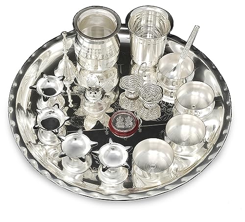 NOBILITY Pooja Thali Set 12 Inch Silver Plated Puja Thali for Diwali Decoration Gift Items Festival Ethnic Puja Thali for Temple Office Home Wedding Return Gifts
