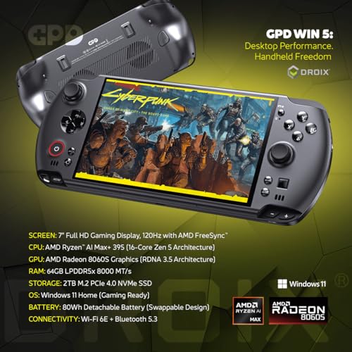 Image of GPD Win 5 Handheld Gaming PC | AMD Ryzen AI Max+ Ryzen 395 | 64GB LPDDR5X RAM, 2TB SSD | Radeon 8060S Graphics | Portable PC for AAA Gaming and Emulation