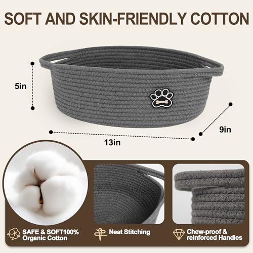 Small Dog Toy Basket, Soft Cotton Rope Dog Cat Toy Bin, Woven Storage Holder for Living Room Nursery, Cats Pet Gift Basket Empty, Decorative Wicker Storage Box with Handle, 13"x 9"x 5" (Grey) - Image 3