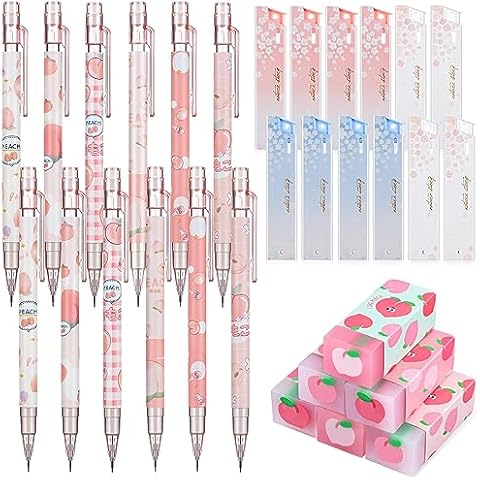 Breling 30 Pcs Kawaii Peach Mechanical Pencil Valentine Kawaii Stationery Gift set Include 12 Mechanical Pencils 6 Cute Peach Erasers 12 Tube HB Pencil Refills School Office Gift(0.5mm) Cover