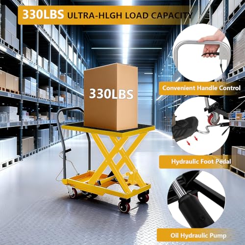 Image of GarveeTech Hydraulic Lift Table Cart, 330Lbs Load Capacity 28.5 Inch Lifting Height, Manual Single Scissor Lift Table with Non-Slip Pad and 4 Wheels,Hydraulic Scissor Cart (330lbs - Single - Yellow)