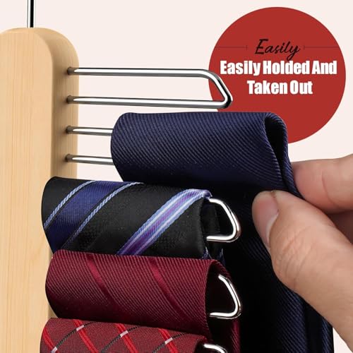 Image of ROLLYWARE Wood Tie Hanger, Rust Resistant Wooden Necktie Organizer with 20 Swivel Hooks, 360 Degree Rotation, Space Saving, Ideal for Closet Storage (1, Natural Wood)