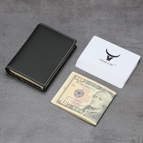 Image of HISCOW Full Grain Leather Business Card Holder Case | Minimalist EDC wallet, gusset holds 25 cards, ID window, fits folded bills, bifold profile, premium gifts for men & women