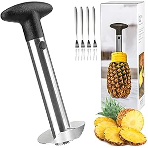 Julyee Ananassnijder, premium roestvrij staal, ananas, ontpitter met vork, ananas, schiller, kernverwijderaar, gereedschap, vaatwasmachinebestendig