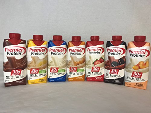 New Premier Protein High Protein Shakes Variety Pack (Chocolate, Vanilla, Strawberry & Cream, Bananas & Cream, Caramel, Peaches & Cream, Cookies & Cream - 11 fl. oz., 7 pack)