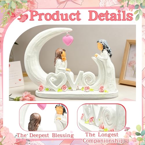 Figura decorativa madre e hija en resina con corazón rosa miniatura 3