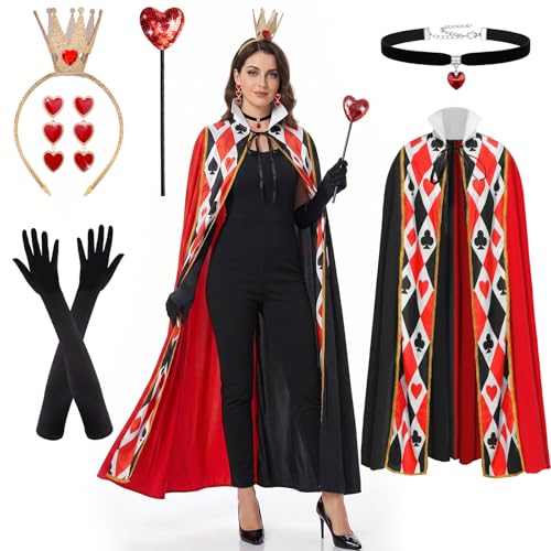 Oerphh Queen Hearts Costume Set 6 Piece Red Heart Cape Crown Earrings Gloves for Women Perfect for World Book Day Cosplay Halloween Carnival Themed Parties