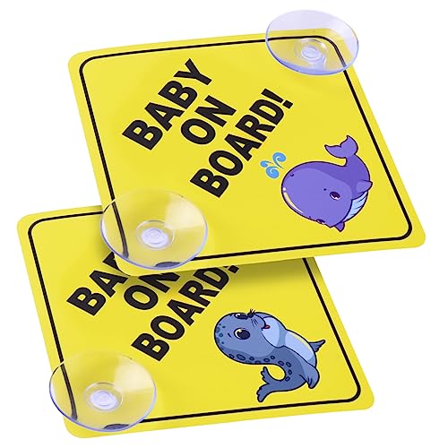 Image of cobee Baby on Board Car Warning Signs, 2 Pcs 5"x5" Safety Car Sign with Double Suction Cups, Baby in Car Sticker for Car Window Cling Reusable Durable Baby on Board Sticker Decal(Style-D)
