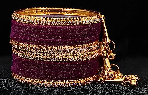 Image of NMII Metal with Zircon Gemstone and Velvet Studded Bells Latkan Bangles Set For Girls and Women I Latkan Bangles, Premium Bangle Bracelet Set I Pack of 16 Bangles