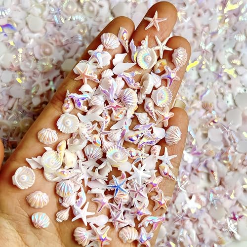 200PCS Summer Beach Nail Resin Charms Summer Ocean Theme Nail Rhinestones Shell Starfish Conch Nail Diamonds Mermaid Tail Nail Gems Holographic Laser Shell Nail Art Charms for Women Nail Supplies