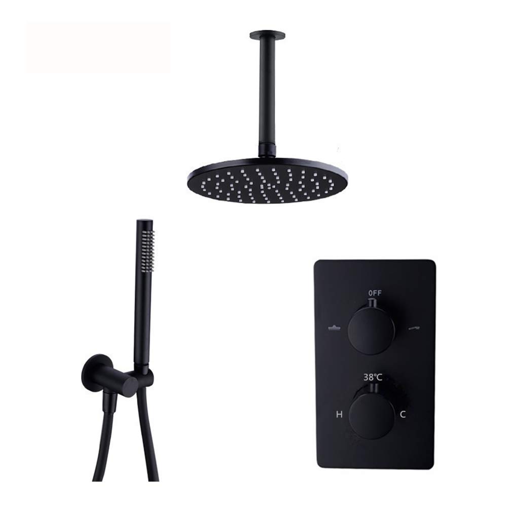 Système de douche dissimulé noir mat avec mitigeur thermostatique en laiton et pommeau de plafond