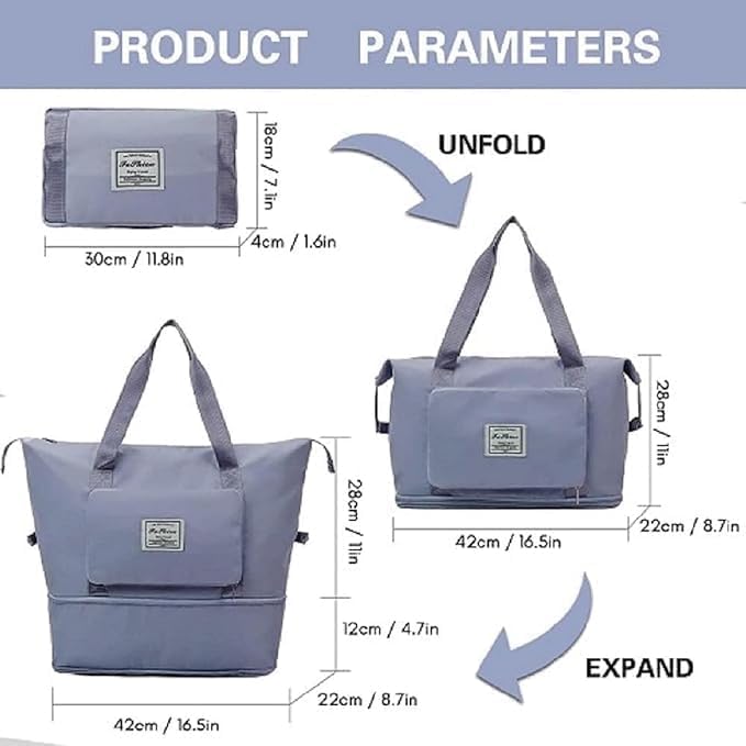 Image of Large Capacity Folding Travel Tote Bag, Oxford Fabric Waterproof Lightweight Foldable Travel Duffel Bag, Portable Expandable Travel Bag, Dry and Wet Separation Carry On Bag for Airplanes (Dark Blue)