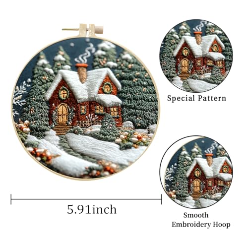 Image of EOBTAIN 3 Pcs Winter Christmas Embroidery Kit for Beginners,Christmas Village Embroidery Starter Kit Green Xmas Tree Snow Scene Stamped Patterns with Hoop,Thread,Needles,Hand DIY Craft Kits for Adults