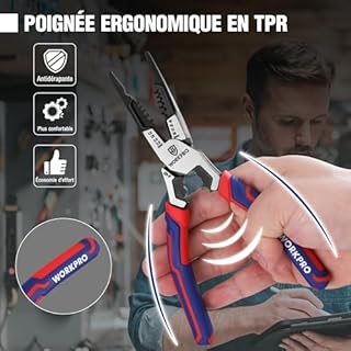 WORKPRO Pince Multifonctionnelle à Bec Long en Cr-V - Maintenir, Dénuder, Couper, Sertir, Serrer, Enroulement - Pour Usage Domestique ou Electricien