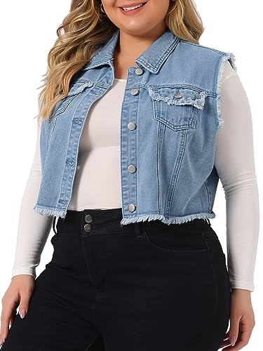 Agnes Orinda Plus Size Denim Jackets for Women Button Down Distressed Sleeveless Jean Vest Jacket2