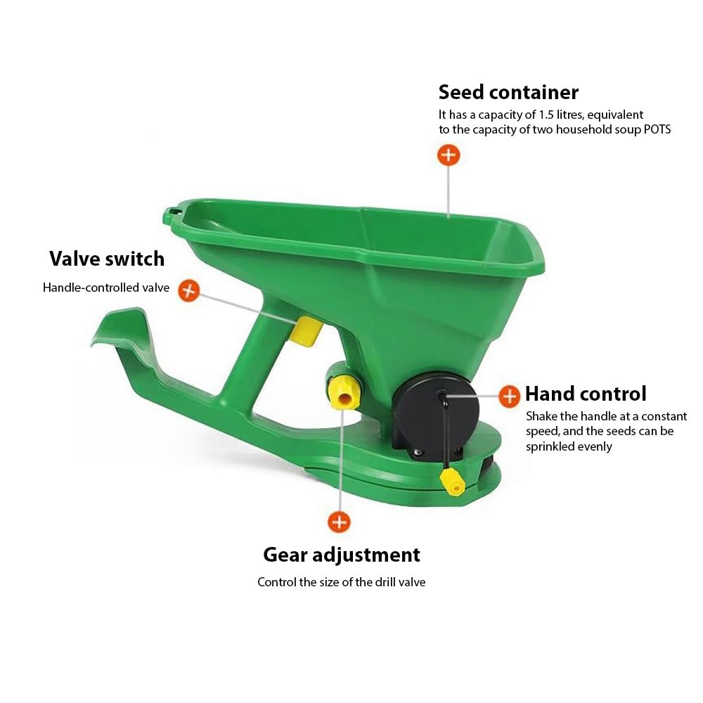 Spandiconcime Manuale per, Spandiconcime Manuale Regolabile a 5 Marce, Seminatrice a Manovella Portatile da 1,5 Litri per Giardino, Fattoria e Serra, ABS Verde
