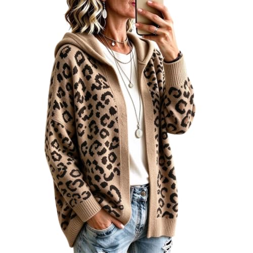 Leopard Print Cardigan Sweater Open Front Knit Cardigan with Hood Top - image 2