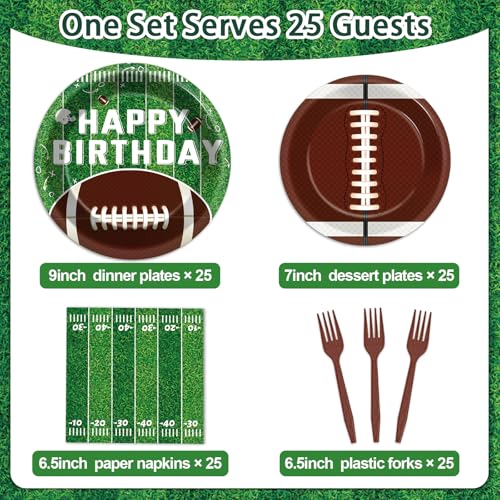 Image of 100 Pcs Football Party Supplies Set Football Birthday Plates and Napkins Sports Party Tableware Packs Decorations Sports Disposable Paper Plates Napkins Forks Serve 25