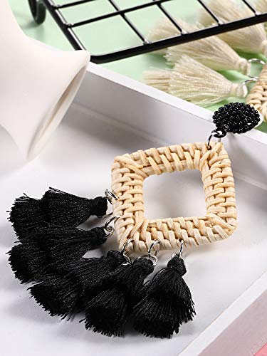 2 Pairs Rattan Tassel Earrings Bohemian Statement Woven Dangle Fringe Earrings Ethnic Tassel Drop Earrings Vintage Jewelry For Women Girls (Black And White) #TOP5