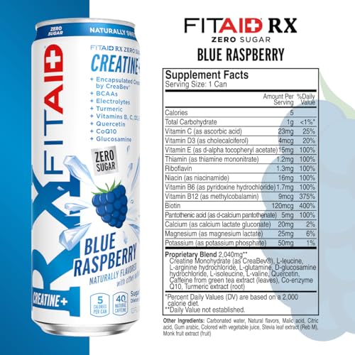 Image of Lifeaid Fitaid Rx + Creatine Drink, Blue Raspberry, Zero Sugar, Vegan, Kosher, Keto Friendly, Gluten Free, 12 Fluid Ounce (Pack of 12) - Packaging May Vary