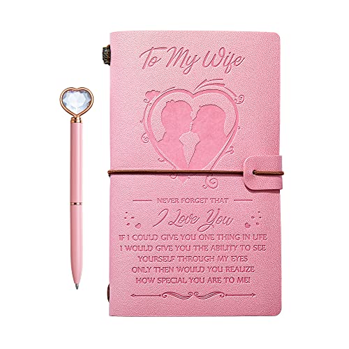 To My Wife Pink Leather Journal + Diamond pen Set from Husband I Love You Gifts for Wife, Refillable Travel Notebook Journal Diary Sketchbook, for Marriage Proposal, Wedding, Wife