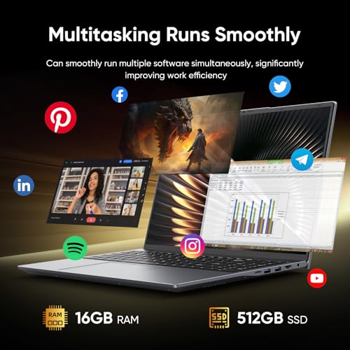 Image of EYY 16 inch Laptop Computer Intel Core i5 Processor, Win 11 Pro Laptop 16GB RAM 512GB SSD, 1920 x 1200 FHD 16:10 Display, Office Suite Notebook with Backlit Keyboard, Student Business Work Laptops