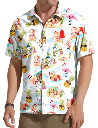 HQP Christmas in July Shirts for Men Hawaiian Xmas Button Down Shirt Ugly Santa Claus Holiday Graphic Short Sleeve Tops