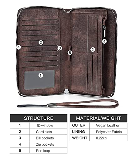 Bromen Womens Wallet Rfid Blocking Large Capacity Wristlet Phone Holder Zip Around Leather Clutch Purse Retro Coffee #TOP3
