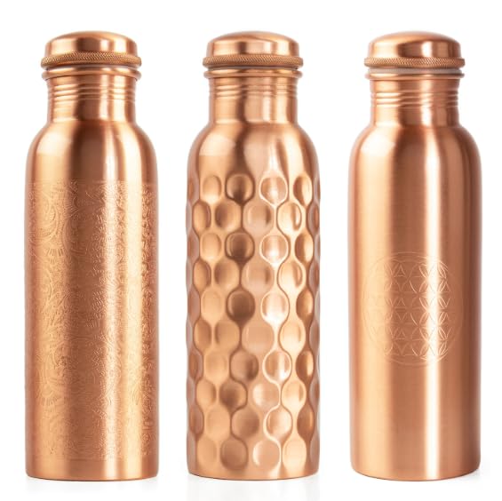 Handcrafted 100% Copper Water Bottle Ayurvedic Leak-Proof & Travel-Friendly (Dark Copper with Floral Engraving)