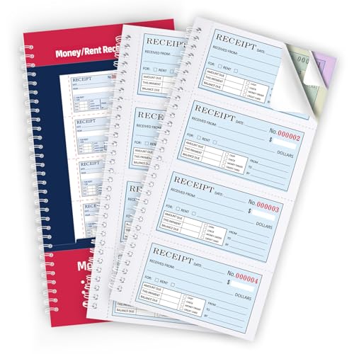 Zzrywuty Two Money and Rent Receipt Book with Cardboard Insert,3-Part Carbonless,5.3”x11.2” Spiral Bound,100 Sets per Book,4 Receipts Page for Office Supplier,Rent Cash Transaction