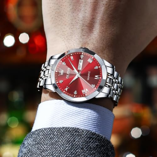 Image of OLEVS Watch for Men Diamond Business Dress Analog Quartz Stainless Steel Waterproof Luminous Date Two Tone Luxury Casual Wrist Watch Blue