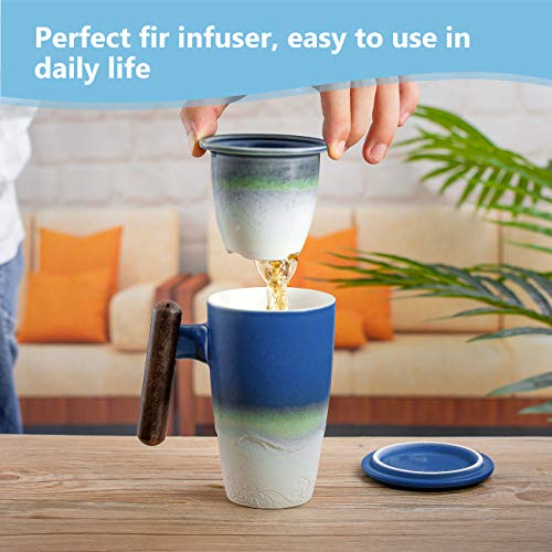 Tomotime Ceramic Tea Cup with Infuser and Lid Tea Mugs Wooden Handle 400ml/13.4oz Cyan Blue