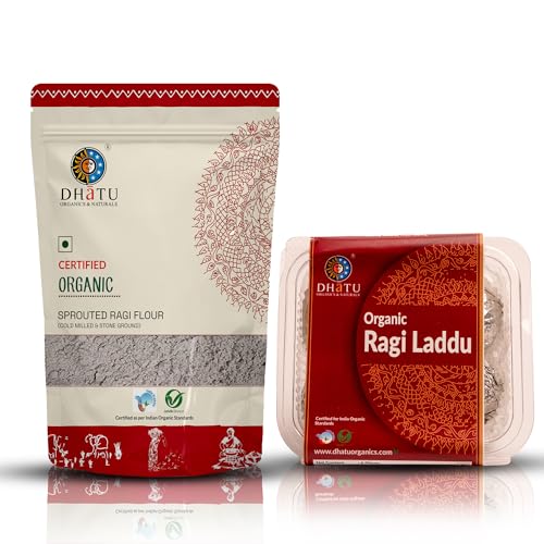 Image of Dhatu Organics Sprouted Ragi Flour 500g + Organic Ragi Laddu 150g (Sweetened with Jaggery) | Calcium-Rich, Gluten-Free, High Fibre Millet Combo | Healthy Snack & Cooking Flou
