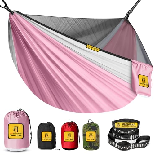 Image of Small Camping Hammock with Mosquito Net, 450 lbs Portable Hammock with Tree Straps, 2-in-1 Double /Single Travel Hammocks, Hammock for Outside /Indoor /Backpacking /Beach - Pink & White