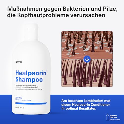 Healpsorin Shampoo - Pflegendes Kopfhautshampoo für schuppige, empfindliche & trockene Kopfhaut - Mit Salicylsäure, Urea & DERMOSOFT® DECALACT - Steroidfrei - 500ml