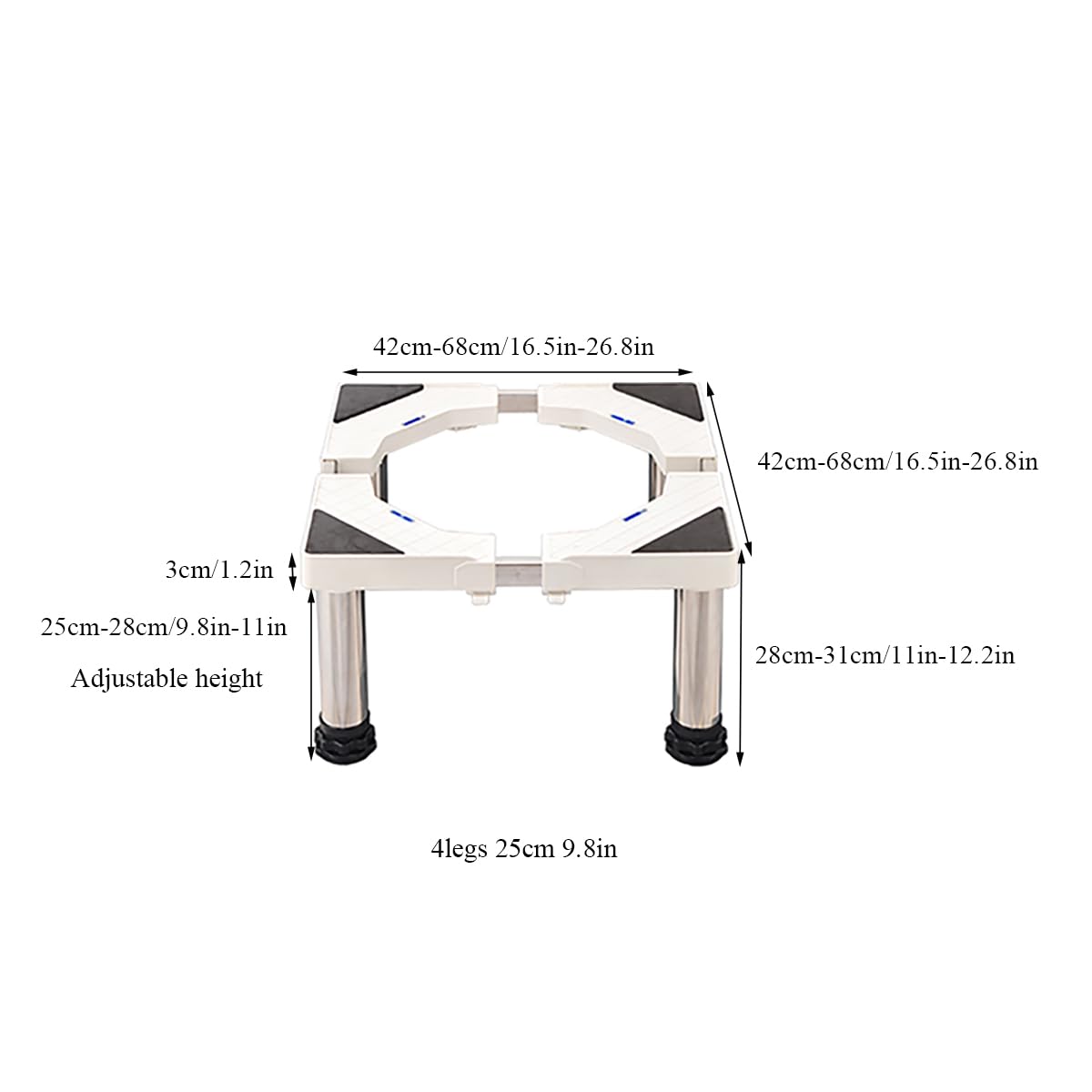 Waschmaschine Sockel, Verstellbare Waschmaschinen Untergestell Länge/Breite 42-68cm Höhe 28-31cm Sockel Bärenlast 150kg, Waschmaschine Sockel 4 Fuß für Trockner Waschmaschine Kühlschrank WeiB