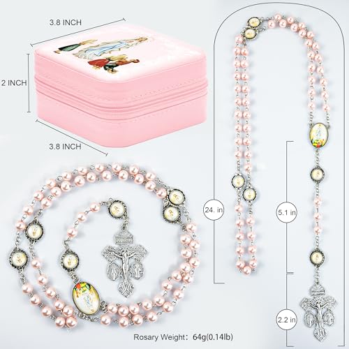 Catholic Rosary Necklace for Women with 8MM Glass Pearl Beads - Our Lady of Lourdes & Immaculate Heart of Mary Jewelry Gift, Travel Case, First Communion3