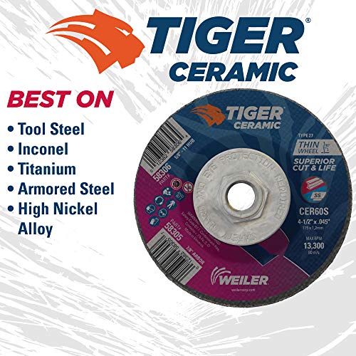 Image of Weiler 58306 4-1 /2 Inch Cutting Wheel, Tiger Ceramic Stainless Steel Superior Life & Cut Contaminant Free Max Performance Cutting, .045 inch CER60S Type 27 5 /8 inch-11 Hub, Pack of 10