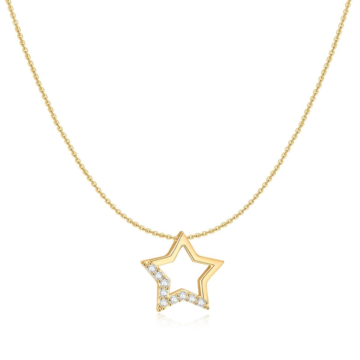 MARLION JEWELS Collar de Plata de Primera Ley (S925) Estrella Cinco Puntas con Circonitas Brillantes en la Mitad de la Pieza. Colgante acabado en Plata o Baño Oro 18K. Perfecto Regalo Cumpleaños. Joyas para mujer