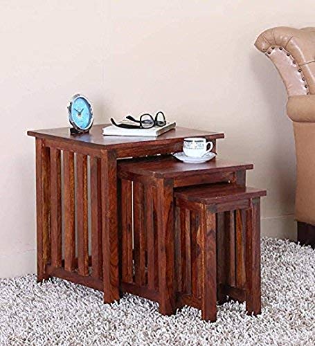 Image of Sheesham Wood Nesting Bedside Table Set of 3 Stools for Living Room (Honey Finish)